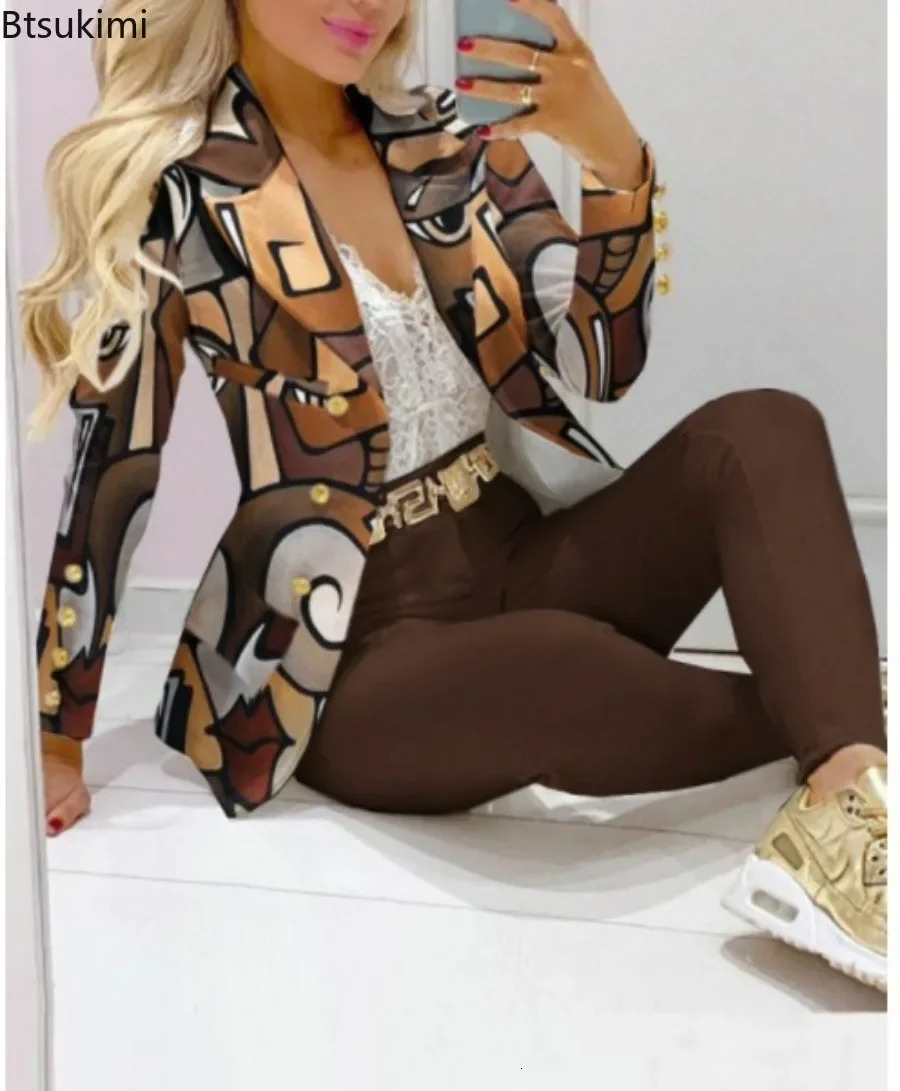 Women's Suits Blazers Two Piece Set Women Formal Office Tracksuits For Ladies Outfits Lapel Collar Double Breasted Blazer Suit Pants Set Female 2