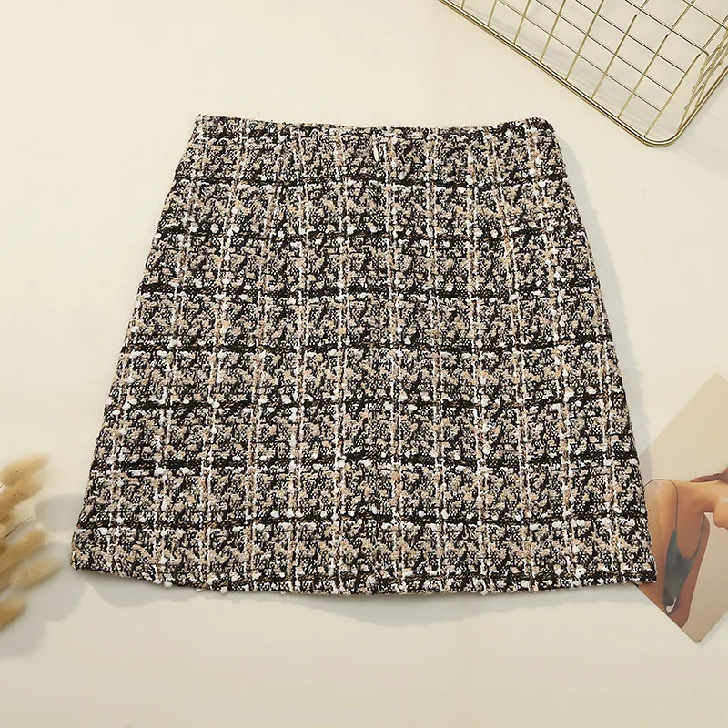 Skirts Fall Winter Plaid Tweed Skirt Womens Thick Woolen Pearl Button Front Pocket Glitter Mini Saia Feminina 231019