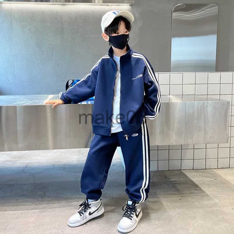 Clothing Sets Spring Autumn Boys Navy Striped Zip Sweatshirt Coats+Sweatpant Sets School Kids Tracksuit Children Outfit Jogging Suit 5-16 Yrs J231020