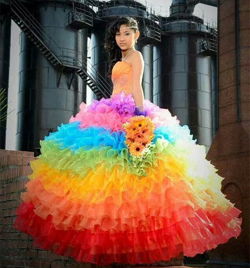 Organza Tiered Raninbow Quinceanera Dresses Sweetheart Neck Sleeveless Corset Colorful Prom Ball Gown Special Occasion Dress For 15 16 Girls Party