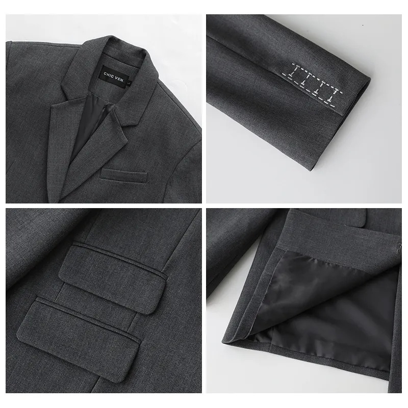 Suits Blazers CHICVEN Women Office Lady Blazer Cuff Embroidery Wide Shoulder Twill Suit Women's Autumn Ladies Outerwear Stylish Tops 231020