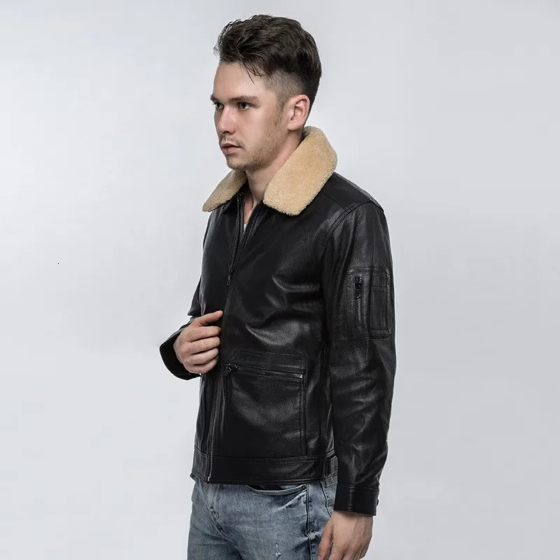 Men's Leather Faux Leather Top Quality Mens Air Force Pilot Sheepskin Genuine Leather Jacket Slim Fit Sheep Fur Collar Padded Coat Chaqueta Motor