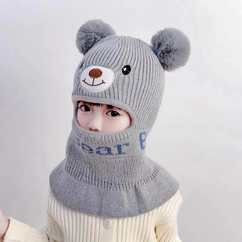 Caps Hats Kids Bear Winter Double Layer Balaclava Hat PomPom Knit Beanie for Baby Boy Hat Scarf Snood Caps for Girls 231020
