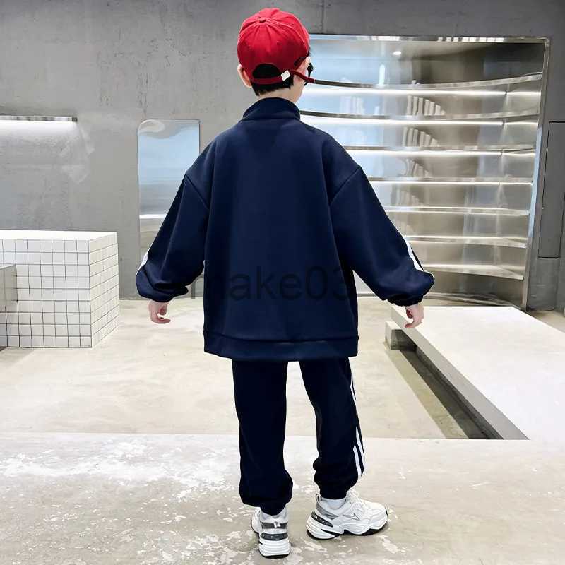 Clothing Sets Spring Autumn Boys Navy Striped Zip Sweatshirt Coats+Sweatpant Sets School Kids Tracksuit Children Outfit Jogging Suit 5-16 Yrs J231020