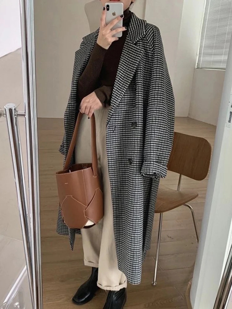 Womens Wool Blends Winter Thicken Warm Houndstooth Print Long Blend Coat Allmatch Loose Singlebreasted Belt Jackets Casual Coats 231020