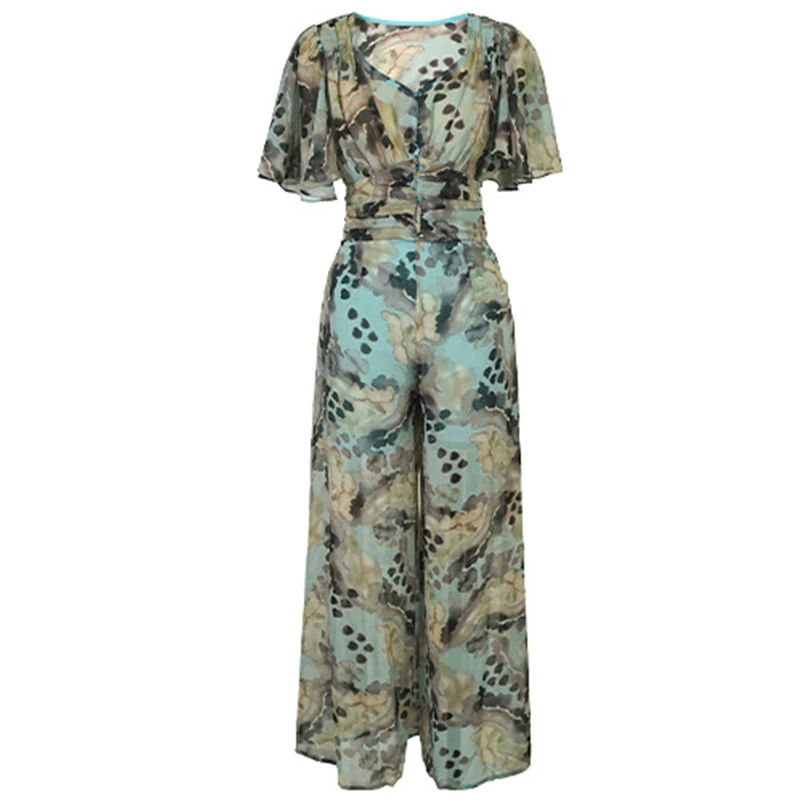 Two Piece Dress Elegant 2 Piece Outfits Women Leopard Print Chiffon Short Tops Blouse Femme Wide Leg Split Pants Sets Lady Sexy Holiday Beach 2024