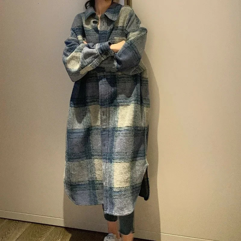 Women's Wool Blends Plaid Single Tops Korean Outerwear Female Overcoat Fashion Spring Winter Women Loose Long Woolen CoatsVintage Loose Coat 2310