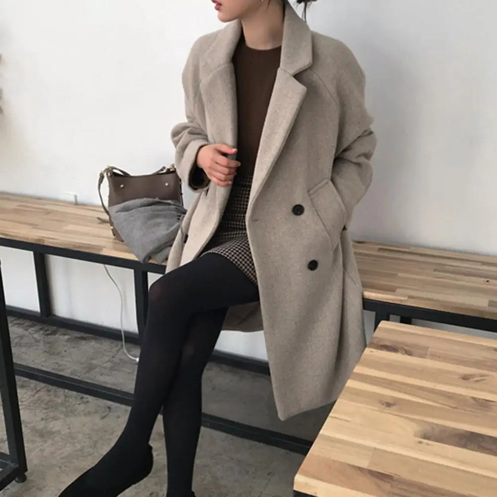 Women's Jackets Spring Woolen Trench Coat Long-sleeved Jacket Thick Lapel Double-breasted Women's Winter Coat Plus Size Mid Length Solid Col