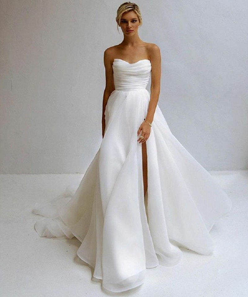 Sexy Modern Long Wedding Dress For Brides Strapless Pleats Silt A-line Organza Bride Gowns Women Elegant Vestidos De Novia 2024