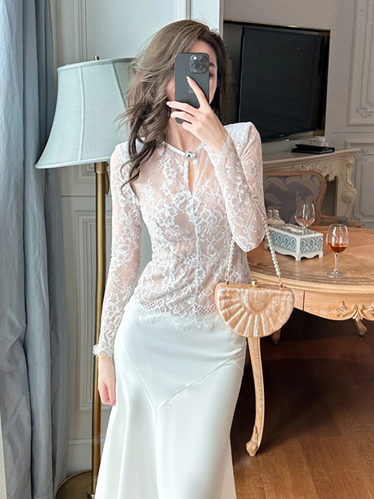 Women's Blouses Shirts Women Lace Sheer See-Through Long Sleeve Tops T Blouse Fashion Sweet Transparent White Black Shirt Female Blusas
