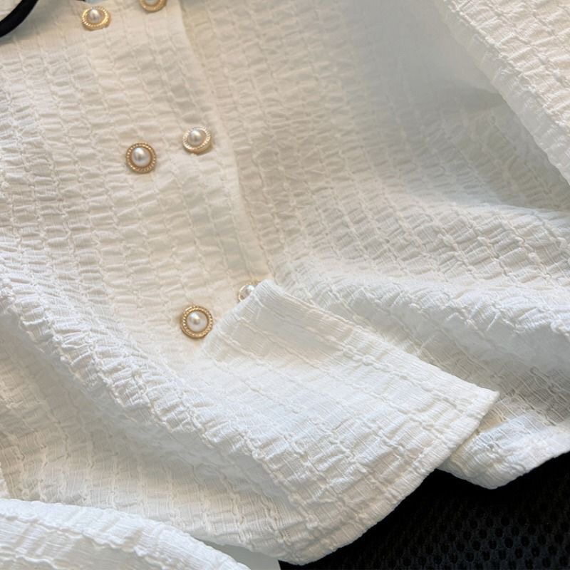 Xiaoxiang Doll Neck Shirt Women's San d - French Double breasted Cardigan Top Short Age Reducing Foreigner Long Sleeve Shirt