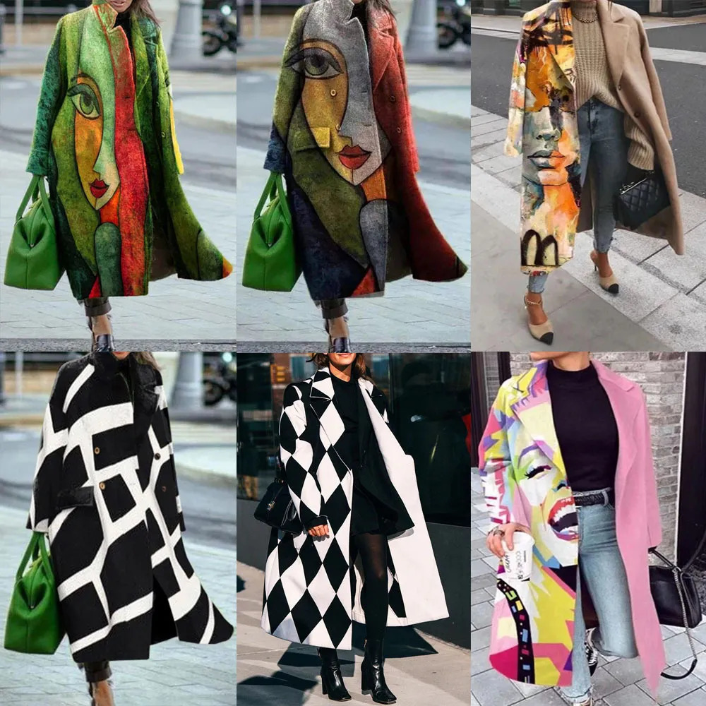 Womens Wool Blends Autumn and Winter Multiple Color Matching Plaid Long Sleeved Lapel Coat Printed Dragon Phoenix Woolen 231020