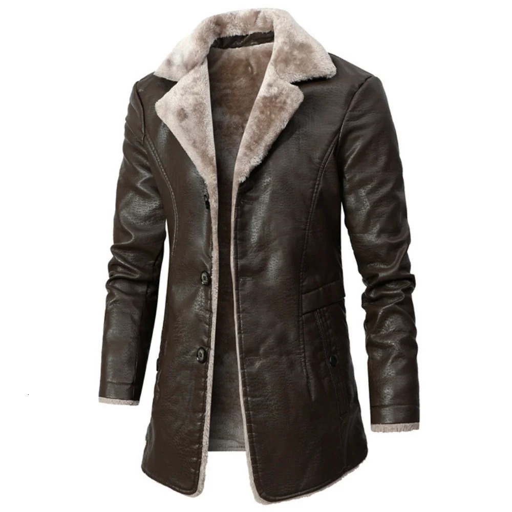Men's Leather Faux Winter Warm Fleece Jacket Fashion Business Casual Middle and Long Suit Collar Windbreaker PU Coats 231020