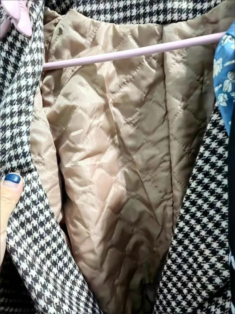 Womens Wool Blends Winter Thicken Warm Houndstooth Print Long Blend Coat Allmatch Loose Singlebreasted Belt Jackets Casual Coats 231020