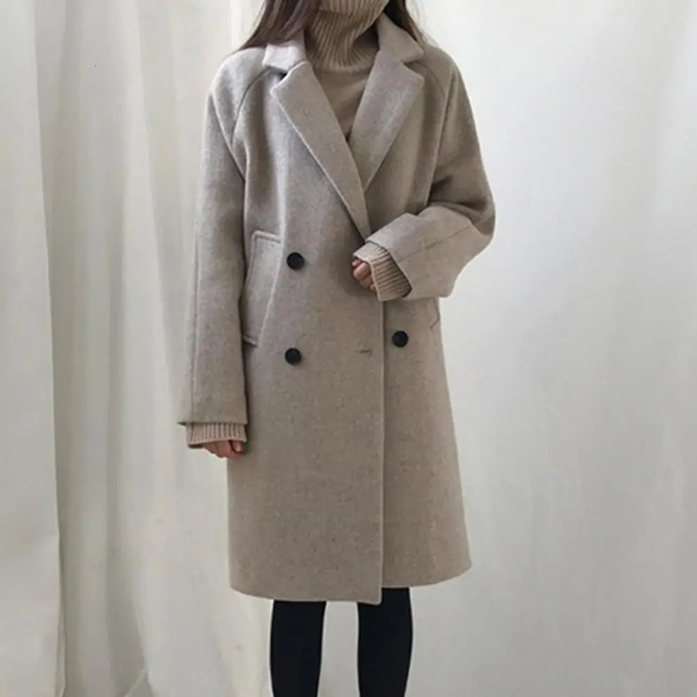 Women's Jackets Spring Woolen Trench Coat Long-sleeved Jacket Thick Lapel Double-breasted Women's Winter Coat Plus Size Mid Length Solid Col