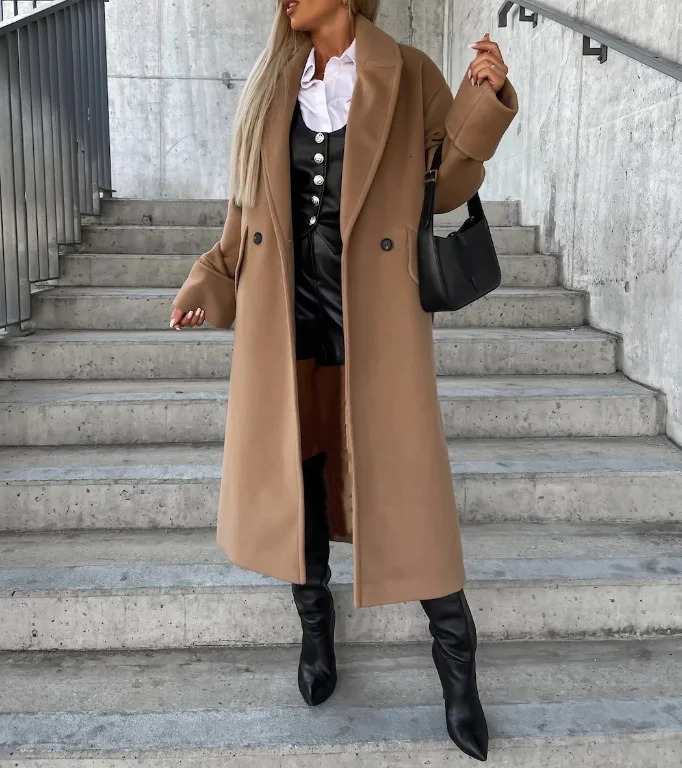 Women's Wool Blends Fashion Long Sleeved Suit Collar Coat Autumn and Winter Temperament Commuting Double Breasted Woolen Jacket for Women 231020