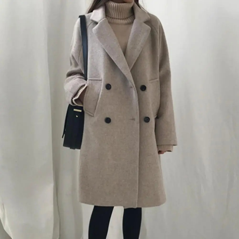Women's Jackets Spring Woolen Trench Coat Long-sleeved Jacket Thick Lapel Double-breasted Women's Winter Coat Plus Size Mid Length Solid Col