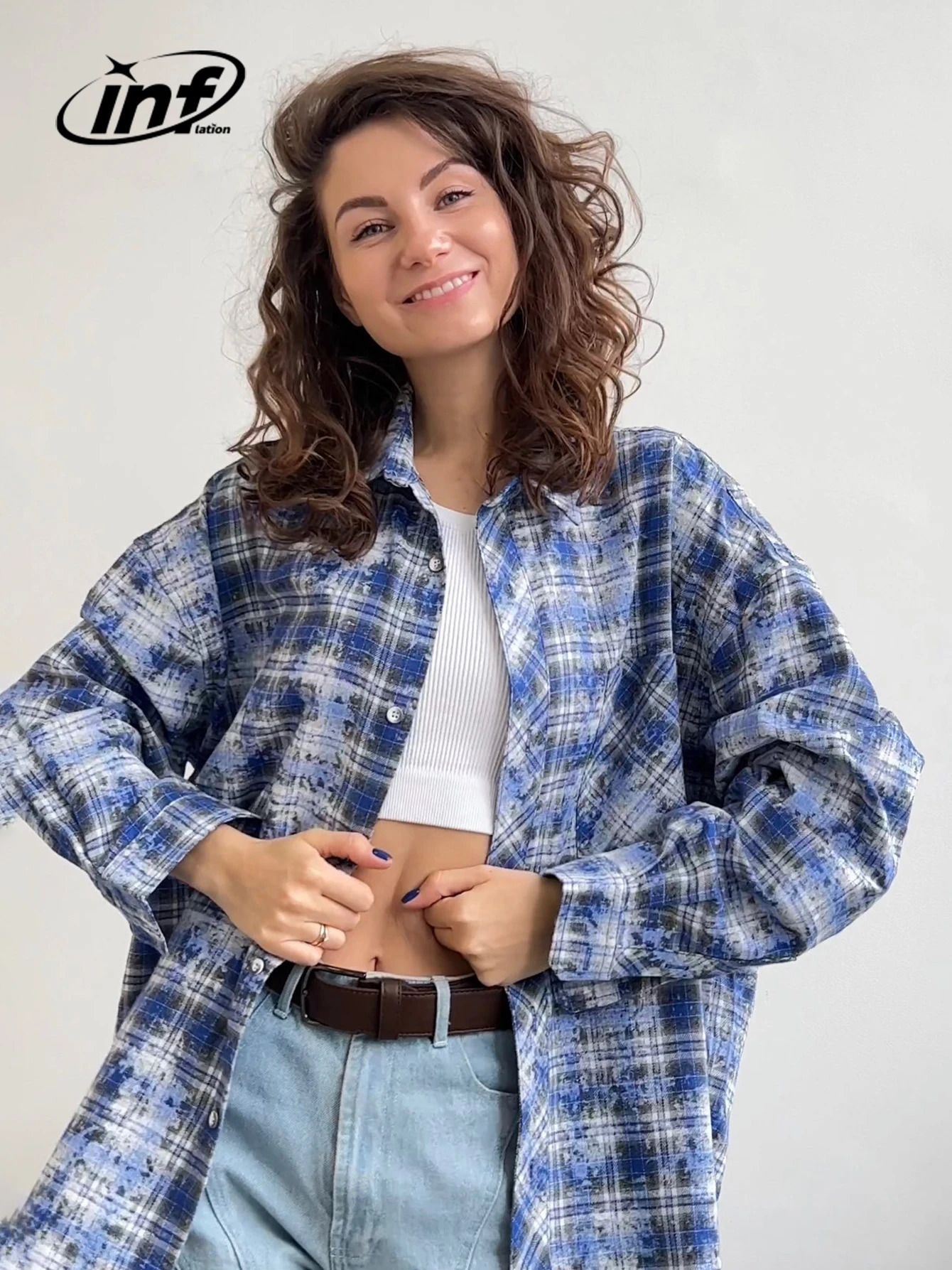 Men's Casual Shirts INFLATION Brushed Check Shirts Men Blue Plaid Long Sleeve Oversized Shirts Male Plus Size 231020