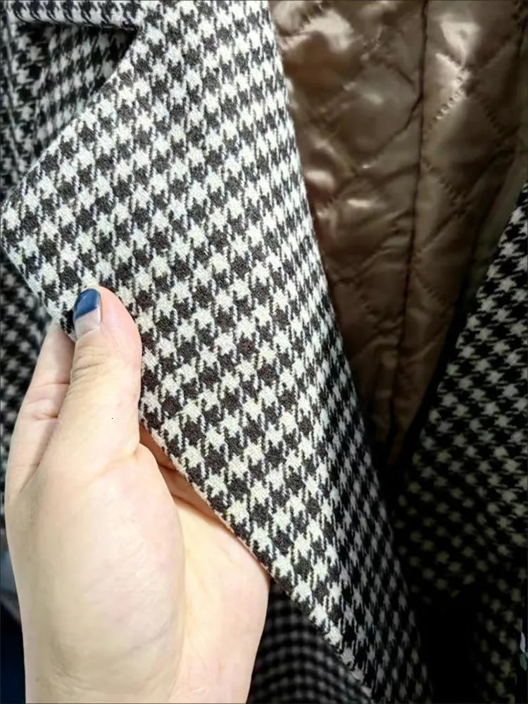 Womens Wool Blends Winter Thicken Warm Houndstooth Print Long Blend Coat Allmatch Loose Singlebreasted Belt Jackets Casual Coats 231020