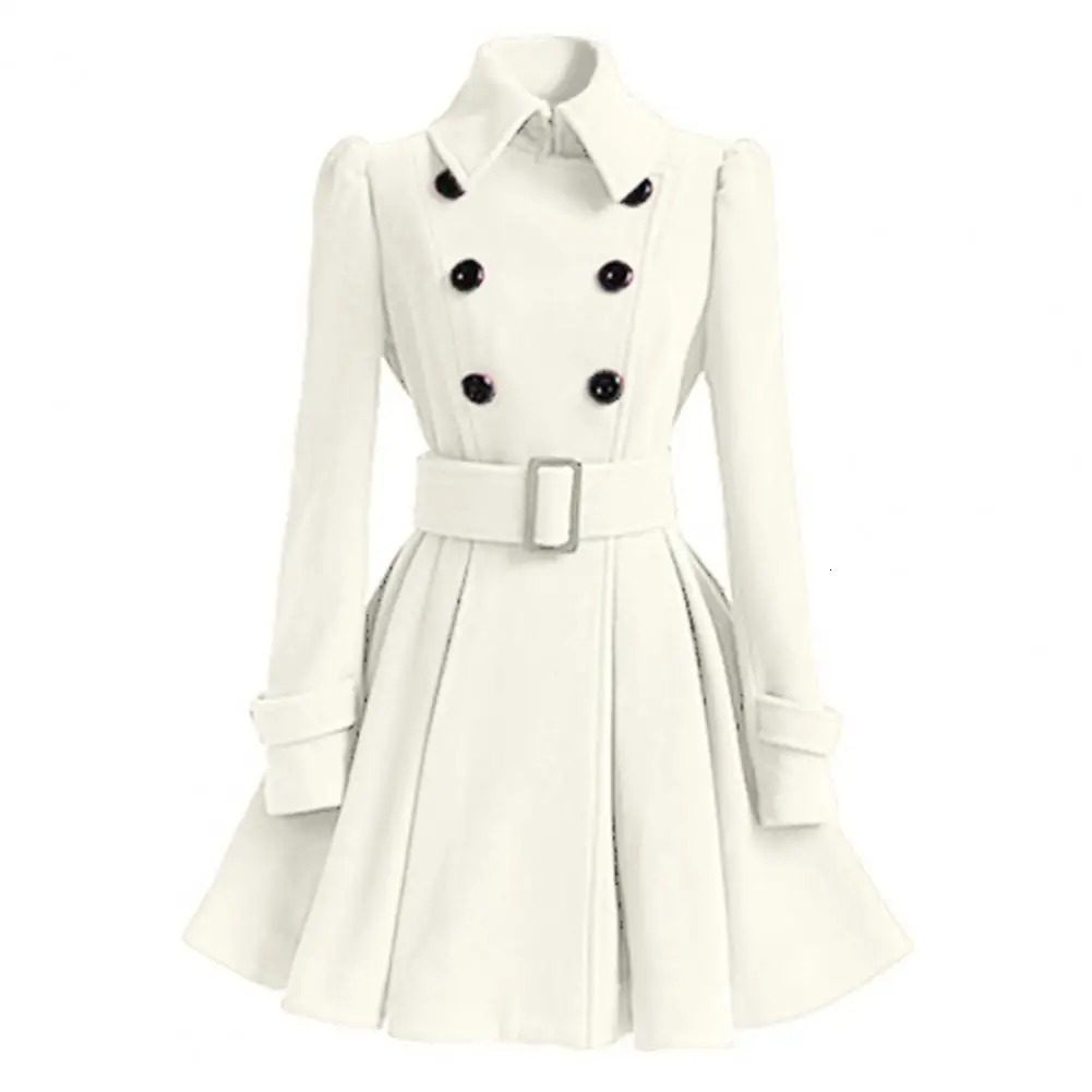 Womens Wool Blends Women Winter Coat Thick Midi Length Solid Color Doublebreasted Lapel Keep Warm Aline Loose Hem Tight Waist Lady Dress Jackets 23102