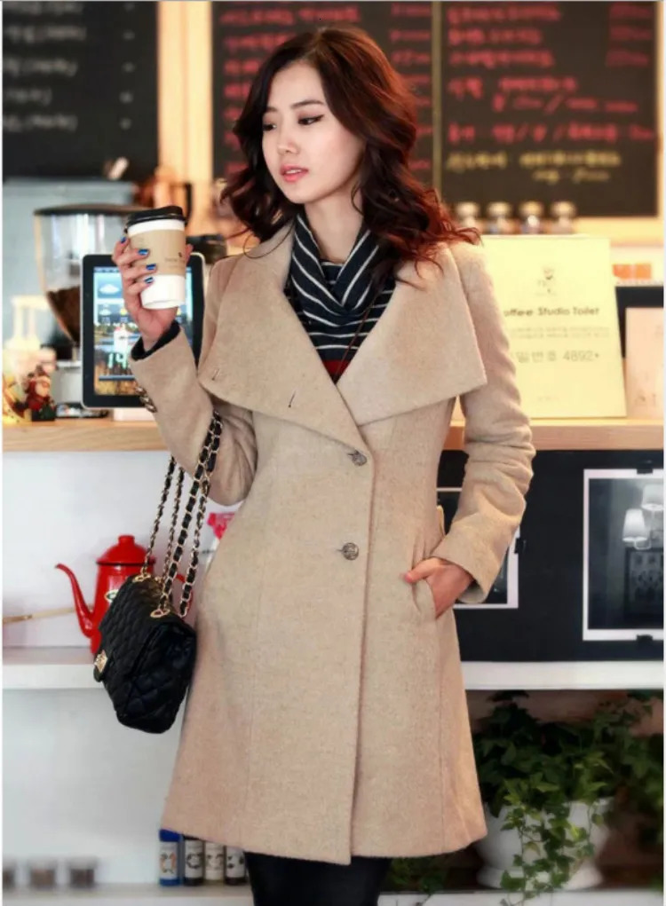 Women's Wool Blends Autumn and Winter Women's Wear Mid length Belt Woolen Coat Slim Fit Standing Collar Woolen Windbreaker 231020