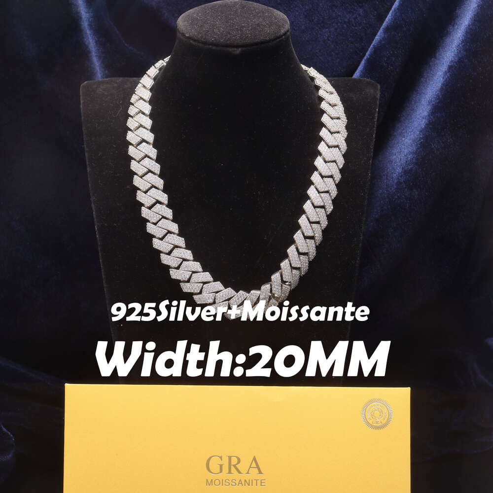 Hip Hop Cuban Chain Full Diamond 925 Sterling Silver Gold Plated Necklace 20mm American Fashion Hiphop