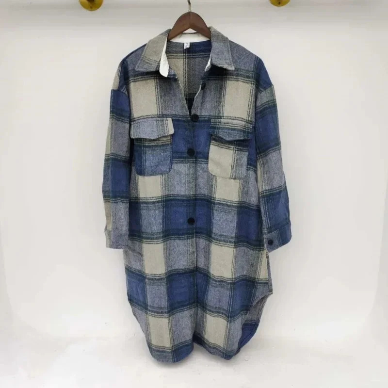 Women's Wool Blends Plaid Single Tops Korean Outerwear Female Overcoat Fashion Spring Winter Women Loose Long Woolen CoatsVintage Loose Coat 2310