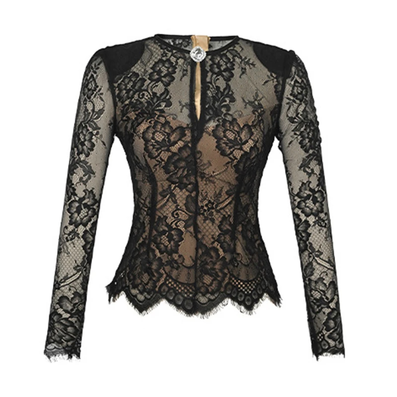 Women's Blouses Shirts Women Lace Sheer See-Through Long Sleeve Tops T Blouse Fashion Sweet Transparent White Black Shirt Female Blusas