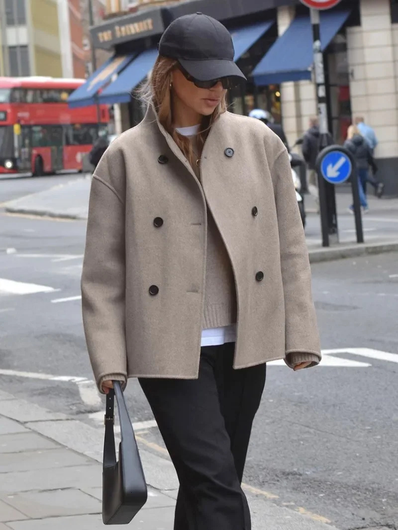 Women's Jackets Fashion Double Breasted Jackets for Women Autumn Winter Streetwear Stand Collar Long Sleeve Woolen Coats Brown Outerwear 231020