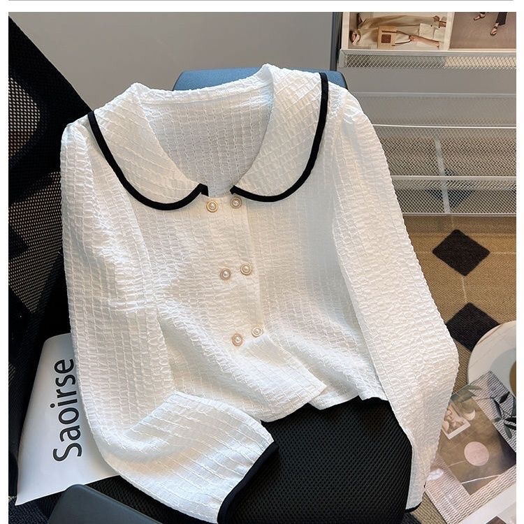 Xiaoxiang Doll Neck Shirt Women's San d - French Double breasted Cardigan Top Short Age Reducing Foreigner Long Sleeve Shirt