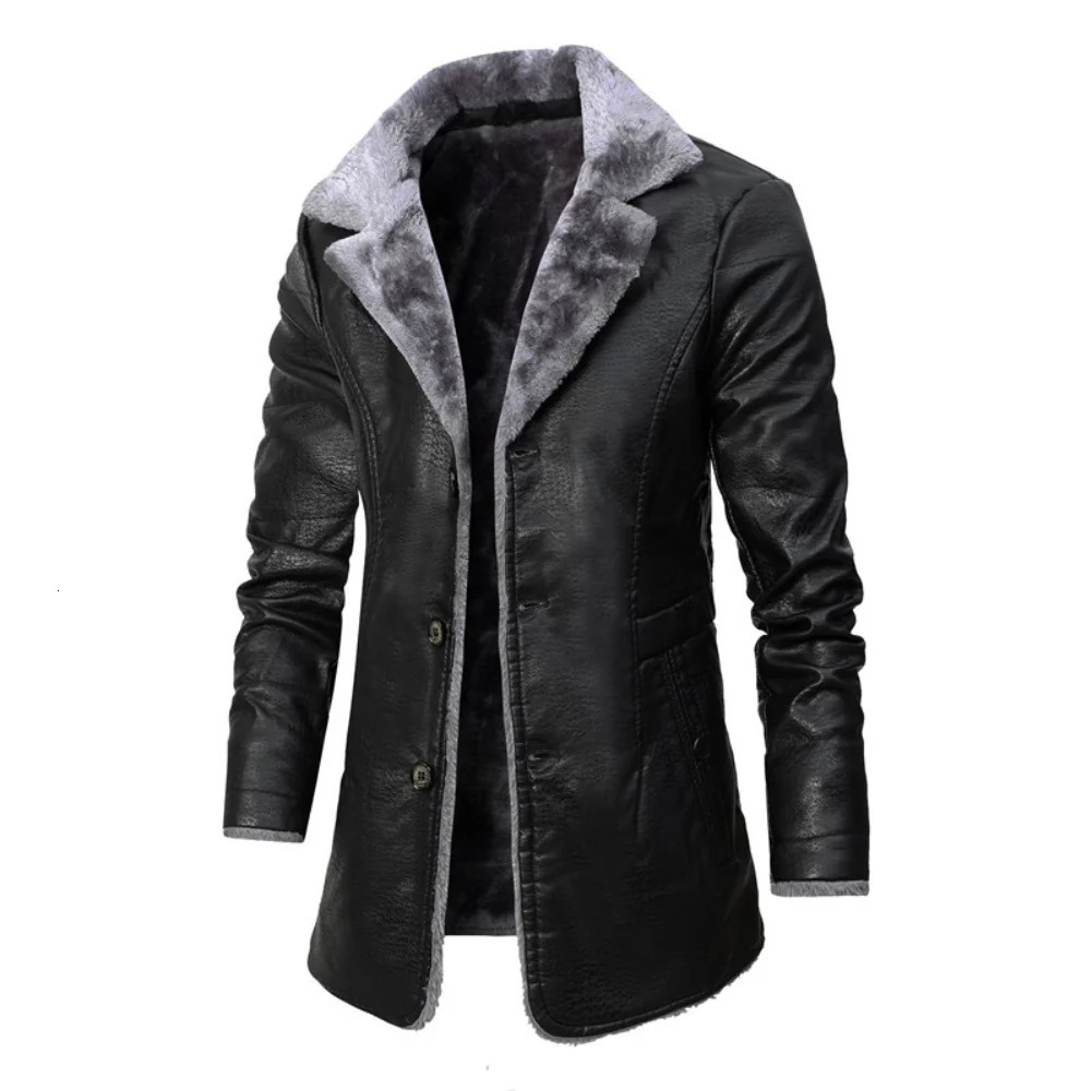 Men's Leather Faux Winter Warm Fleece Jacket Fashion Business Casual Middle and Long Suit Collar Windbreaker PU Coats 231020