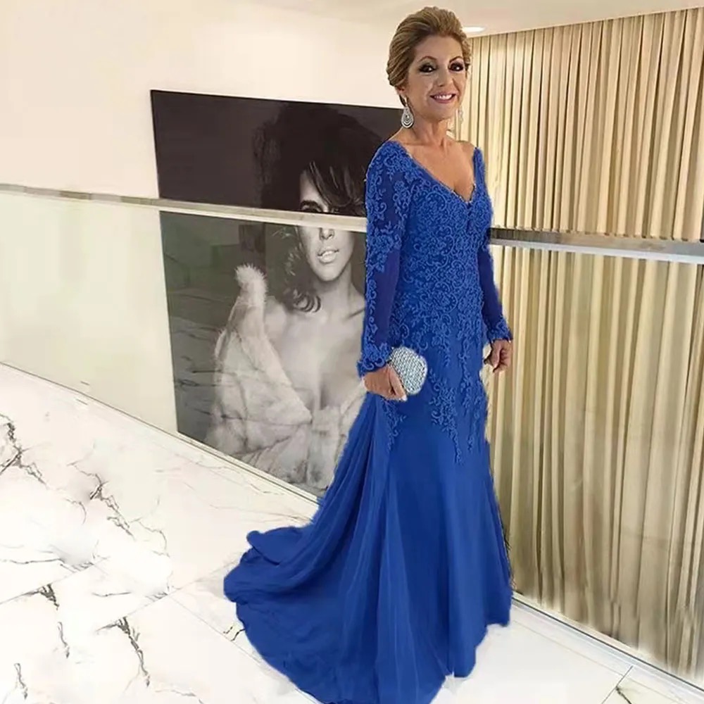 Mother Of The Bride Tulle Mother's Dresses New Mermaid Long Sleeve Lace Up V-Neck Applique Beaded Sequins Plus Size Zipper Custom Silver Blue Cha