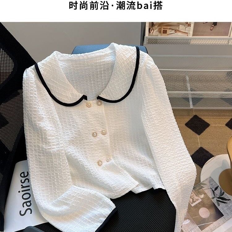 Xiaoxiang Doll Neck Shirt Women's San d - French Double breasted Cardigan Top Short Age Reducing Foreigner Long Sleeve Shirt