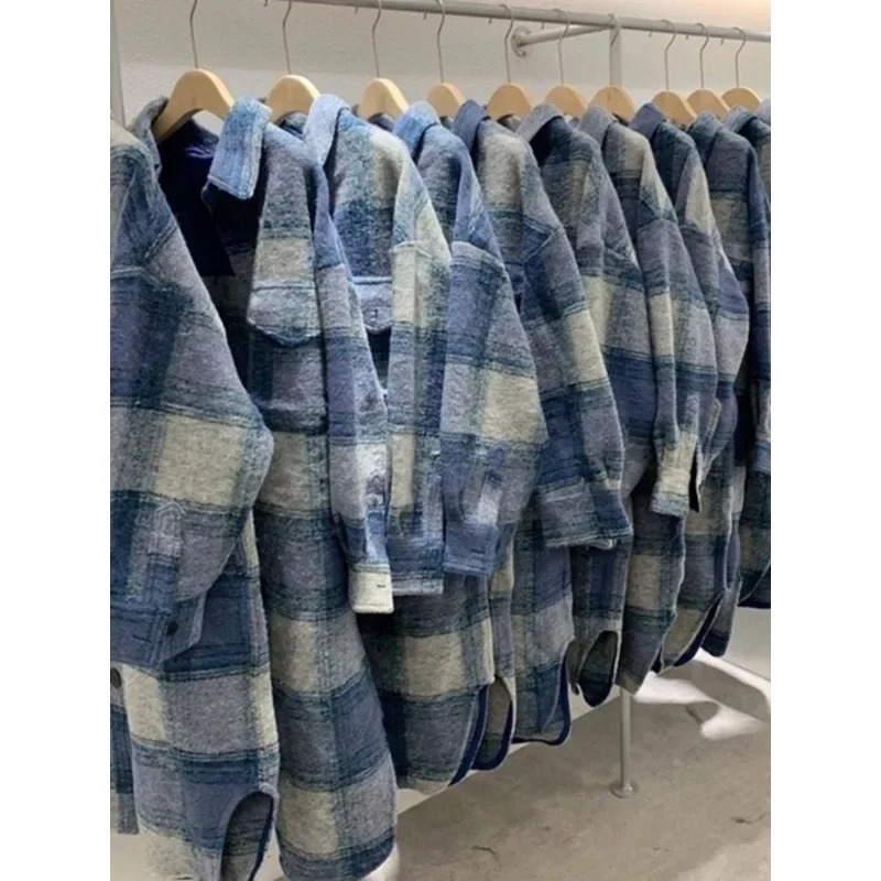 Women's Wool Blends Plaid Single Tops Korean Outerwear Female Overcoat Fashion Spring Winter Women Loose Long Woolen CoatsVintage Loose Coat 2310