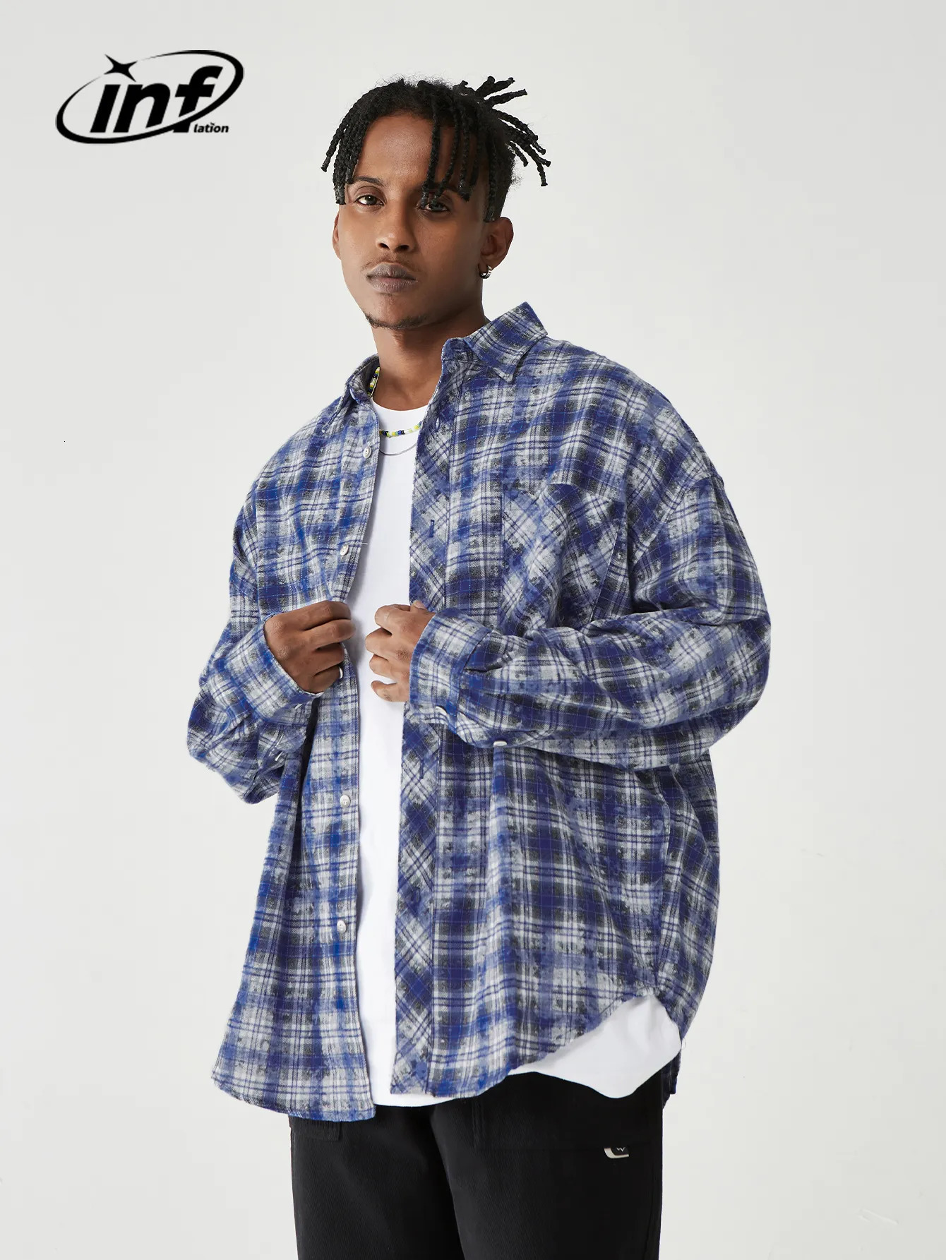 Men's Casual Shirts INFLATION Brushed Check Shirts Men Blue Plaid Long Sleeve Oversized Shirts Male Plus Size 231020