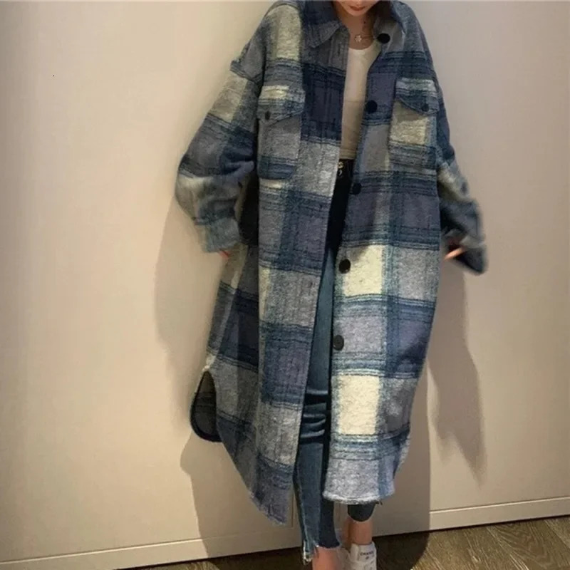 Women's Wool Blends Plaid Single Tops Korean Outerwear Female Overcoat Fashion Spring Winter Women Loose Long Woolen CoatsVintage Loose Coat 2310