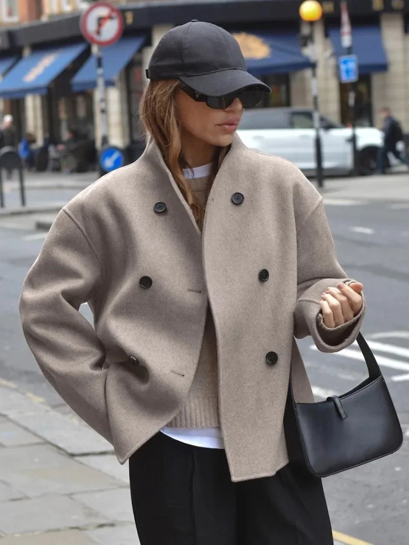 Women's Jackets Fashion Double Breasted Jackets for Women Autumn Winter Streetwear Stand Collar Long Sleeve Woolen Coats Brown Outerwear 231020