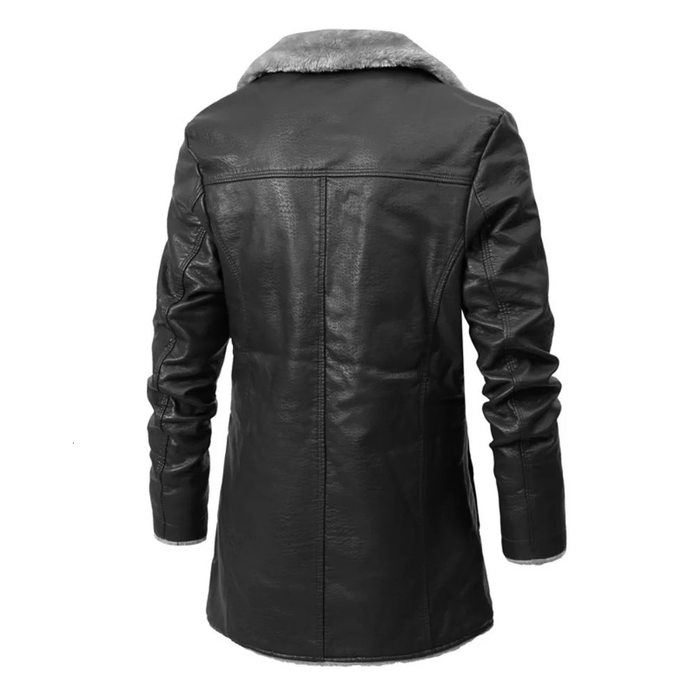 Men's Leather Faux Winter Warm Fleece Jacket Fashion Business Casual Middle and Long Suit Collar Windbreaker PU Coats 231020