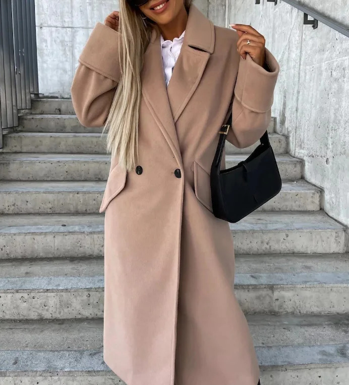 Women's Wool Blends Fashion Long Sleeved Suit Collar Coat Autumn and Winter Temperament Commuting Double Breasted Woolen Jacket for Women 231020