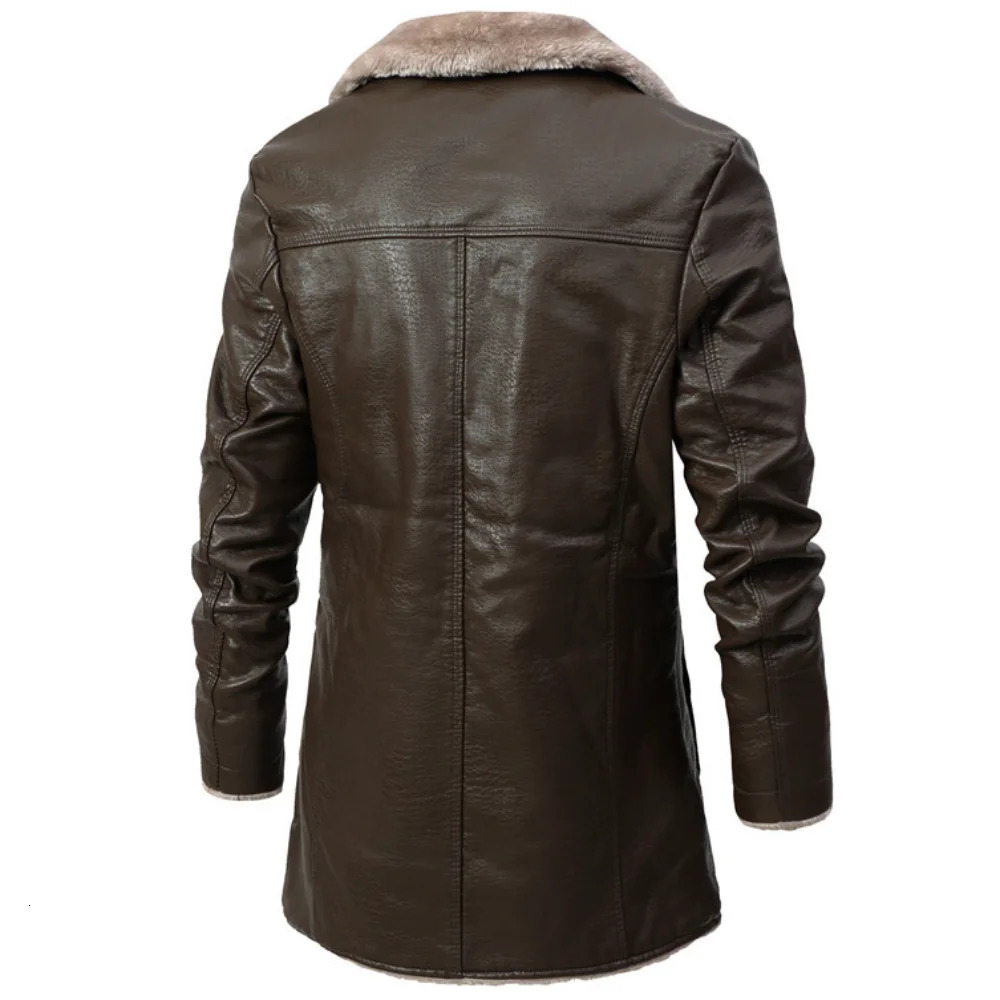Men's Leather Faux Winter Warm Fleece Jacket Fashion Business Casual Middle and Long Suit Collar Windbreaker PU Coats 231020