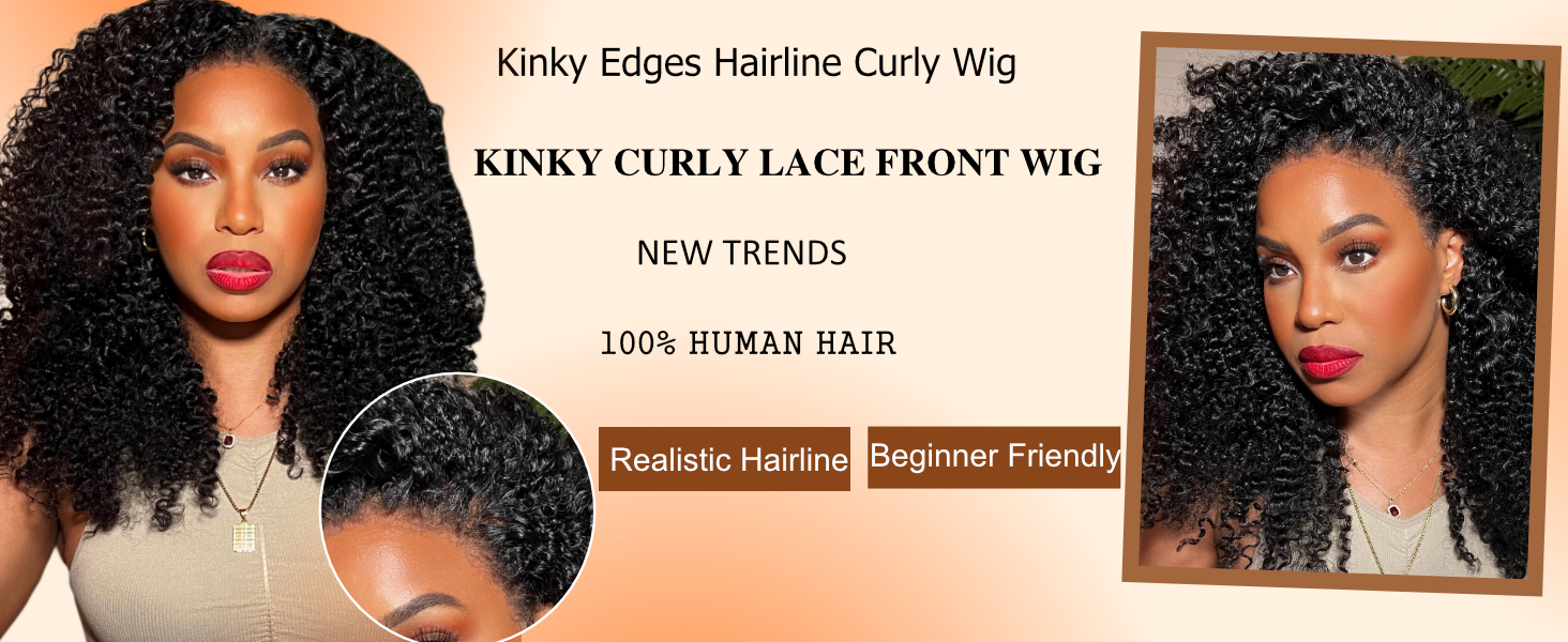 12A 4C Kinky Edges Wig Glueless Afro Kinky Curly Lace Front Wigs Human Hair with Curly Baby Hair HD Transparent Lace Frontal Wigs with Realistic Hairl