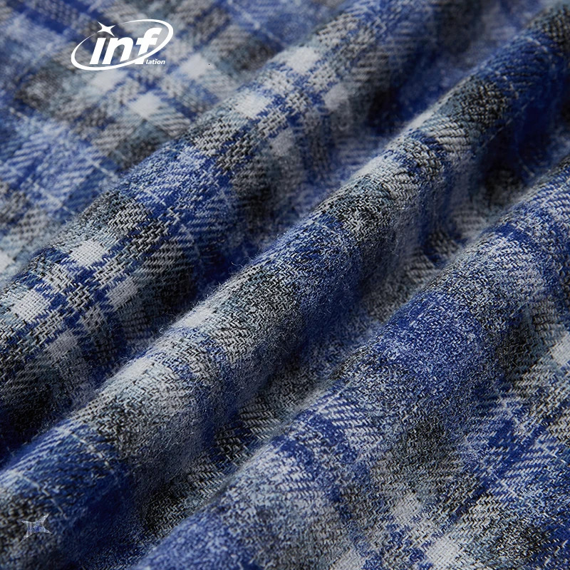 Men's Casual Shirts INFLATION Brushed Check Shirts Men Blue Plaid Long Sleeve Oversized Shirts Male Plus Size 231020