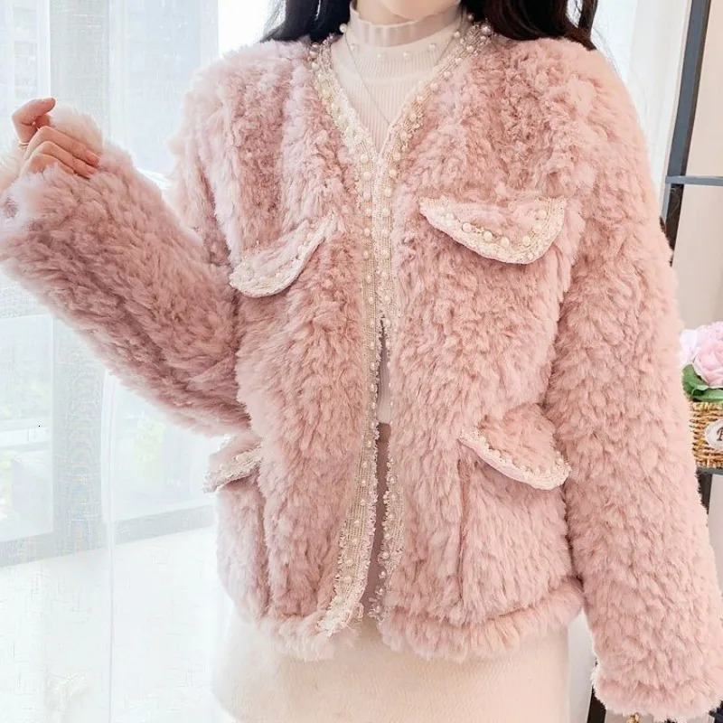 Women's Jackets Korean Fashion Faux Lamb Woolen Coats Women Autumn Winter Elegant Warm Thick Beading Outerwear Girls Sweet Streetwear Tops 231020