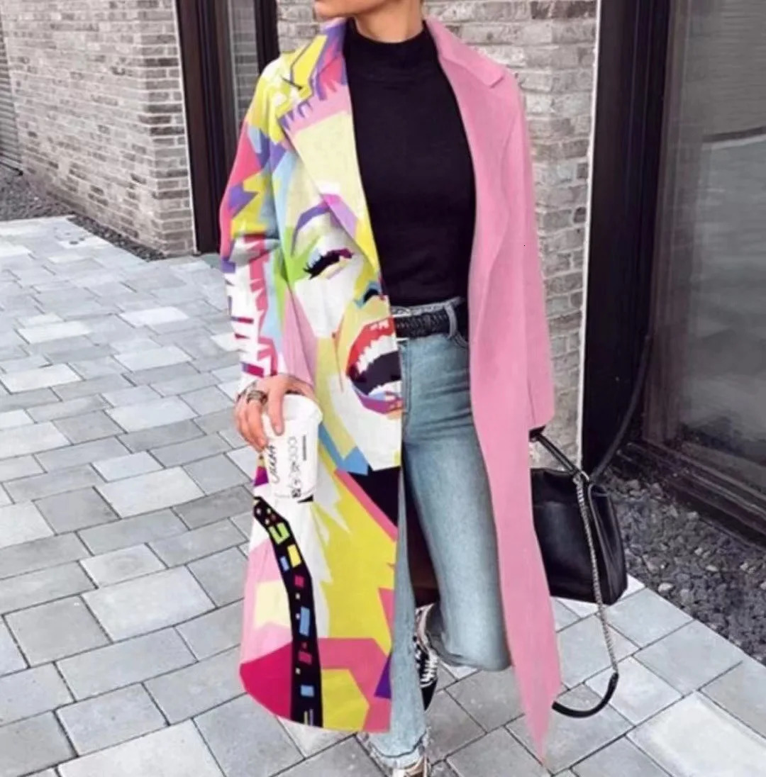 Womens Wool Blends Autumn and Winter Multiple Color Matching Plaid Long Sleeved Lapel Coat Printed Dragon Phoenix Woolen 231020