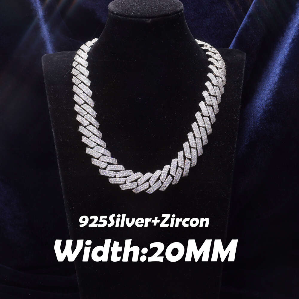 Hip Hop Cuban Chain Full Diamond 925 Sterling Silver Gold Plated Necklace 20mm American Fashion Hiphop