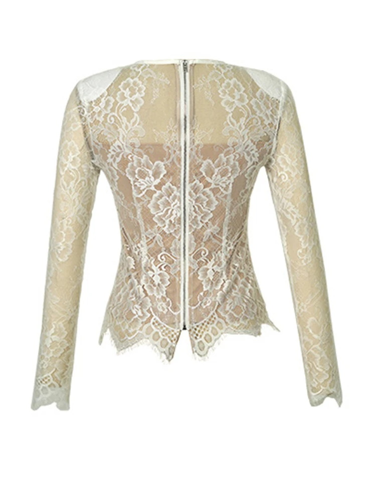 Women's Blouses Shirts Women Lace Sheer See-Through Long Sleeve Tops T Blouse Fashion Sweet Transparent White Black Shirt Female Blusas