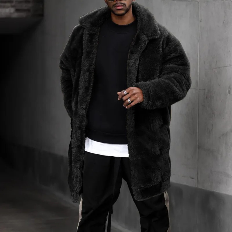 Men's Leather Faux Plush Long Coat Midlength Black Fashion Casual High Quality Street Loose Warm Lapel SleeveJacket Winter 231020