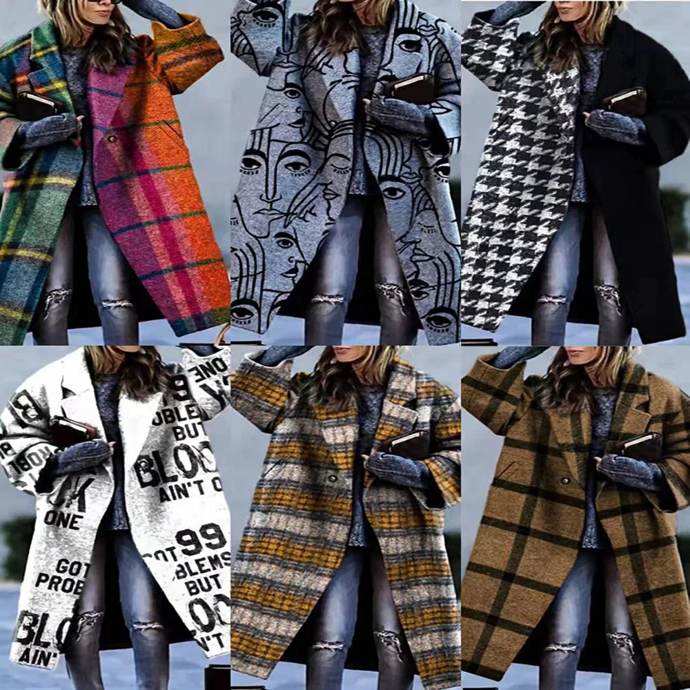 Womens Wool Blends Autumn and Winter Multiple Color Matching Plaid Long Sleeved Lapel Coat Printed Dragon Phoenix Woolen 231020