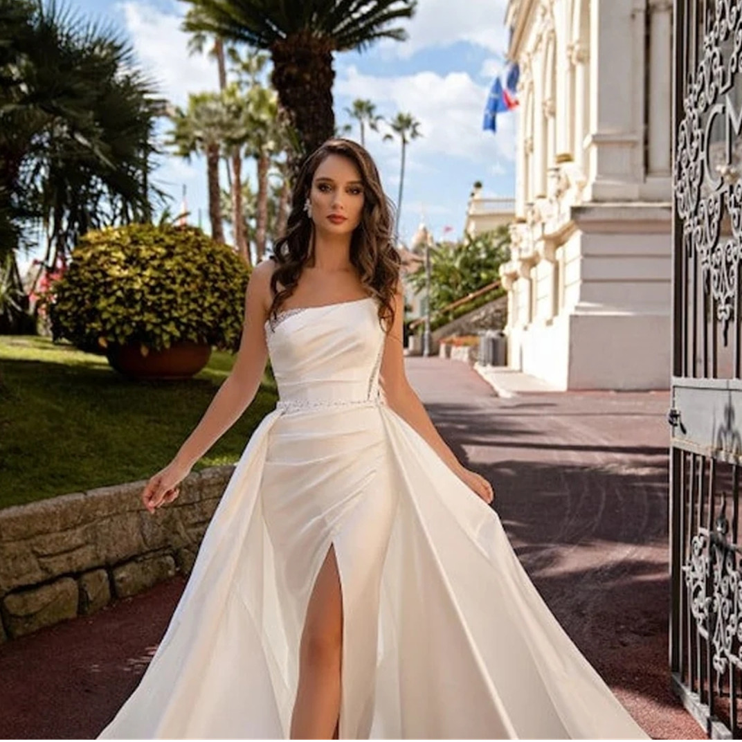 Sleeves Mermaid wedding Gowns Detachable Train One Shoulder Lace Appliqued robes Buttons Back Wedding Dresses