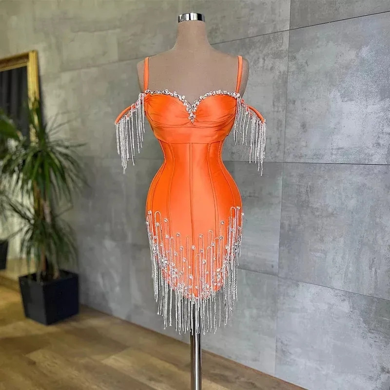Orange Mermaid Short Prom Dresses homecoming Crystals Tassel Mini tail Dress for Girls Graduation Birthday Party Gowns